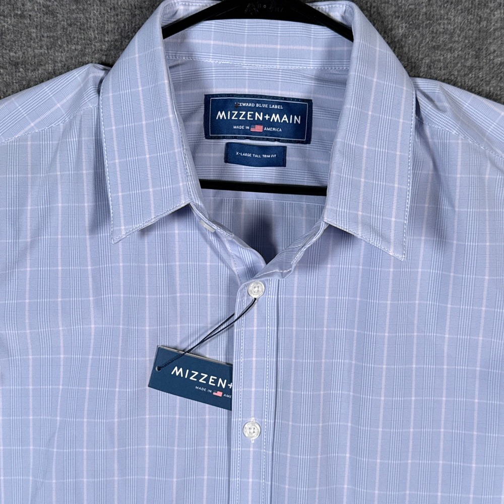 NEW Mizzen Main Shirt Mens XL Tall Trim Fit Blue Plaid Leeward Performance USA